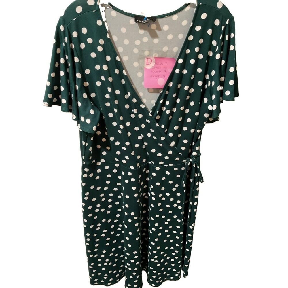 Fortune Ivy Green Polka Dots Faux Wrap Dress 1X Size Nice Everyday Wear